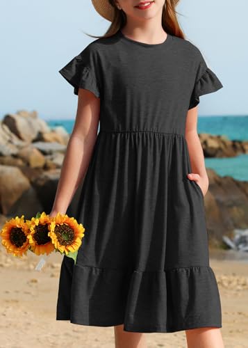 HOSIKA Girls Summer Dress Short Sleeve A-Line Ruffle Tiered Casual Dress with Pockets for 6-12 Years4