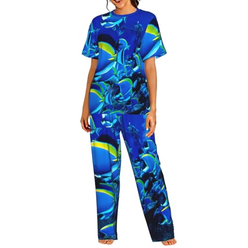 Pyjama court pour femme avec imprimé poissons bleus et océan
