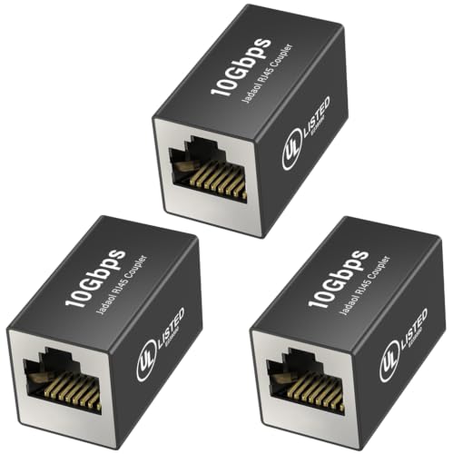 Jadaol UL Listed Shielded RJ45 Coupler 10Gbps Gold-Plated Contacts Aluminum Alloy Inline Ethernet Extender PoE Supported Female to Female Adapter for Cat8 Cat7 Cat6a Cat6 Cables 3-Pack Black