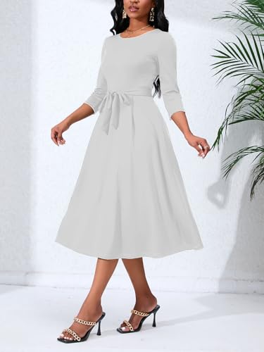 Image of PerZeal Women's Caual Midi Dress 3 /4 Sleeve Crewneck A-line Swing Dress for Women with Belt for Wedding Guest & Cocktail Party White Medium