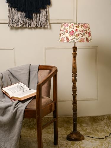 Image of Green Girgit Floral Print Floor Lamp with Taper Red Daisy Shade, Dark Brown Wooden Base, Bedside Night Lamp with, Modern Living Room Light, LED Ambient Lighting, E27 Bulb Compatible, Corded Electric