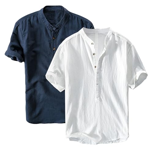 2 Pack Men's Cotton Linen Short Sleeve T-Shirts Summer Casual V-Neck Henley Shirt Lightweight Beach T-Shirt Tops