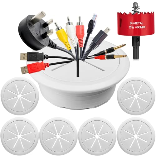 RONGWI 6PCS Desk Grommet,2-3/8""(60mm) Desk Hole Cover for Cables,Wire Hole Cover for Desk with Hole Saw,Office and Home Table,Desktop Equipment Wiring Management and Protection (White)