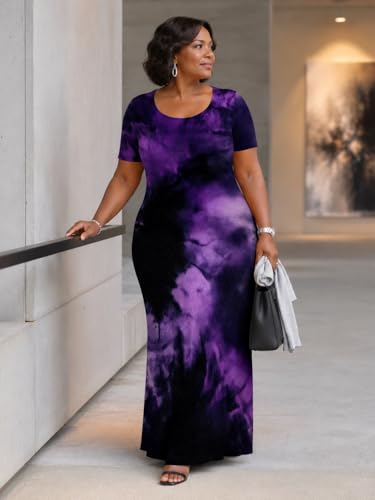 Image of SUZONANA Plus Size Maxi Dress for Curvy Women Summer Casual Sundress Short Sleeve Loose Vacation Dress