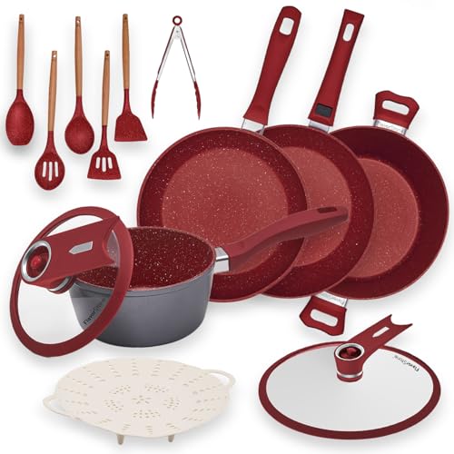 Lista de Bateria Flavor Stone Precio , tabla con los diez mejores. 49 FLAVORSTONE Deluxe Batería de Cocina Grande 13 Piezas 28 cm Rojo Juego de Ollas y Sartenes Antiadherentes, Fácil de Limpiar, Calentamiento Uniforme, Cocina Diaria