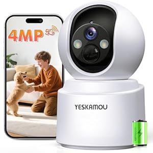 YESKAMOU 2,5K 4MP Überwachungskamera Innen Akku, 360° WLAN innenkamera mit akku, 2,4/5 GHz WiFi, 360° Kamera Indoor, Farb-Nachtsicht, Bewegungserkennung, Zwei-Wege-Audio, für Baby/Haustiere/Zuhause