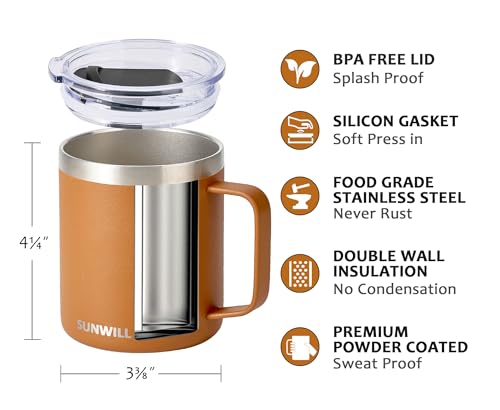 Image of SUNWILL Insulated Coffee Mug with Lid, Travel Tumbler with Handle, 14 oz Stainless Steel Cup for Camping, Office, Home, Powder Coated Caramel