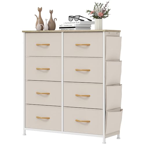YITAHOME Comoda 8 Cajones,Cajonera de Tela con Bolsillos Laterales,Sinfonier,Robusta Estructura metálica,para Dormitorio, Salón, Pasillo,Beige