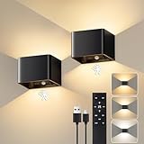 NIBSHOOM Akku Wandleuchte Innen mit Fernbedienung & Schalter,2 Stück Wandlampe Akku Ohne Stromanschluss mit Bewegungsmelder,3 Farben LED Wandleuchte Batterie,Wandlampe Innen Kabellos Dimmbar Schwarz
