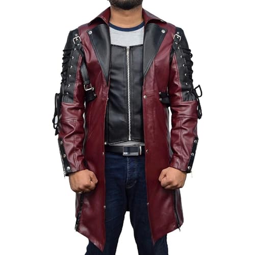 Veste en cuir pour hommes imperméable trench moto mi-long rouge XL