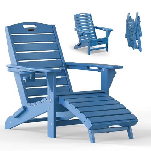 SUUNYN Folding Adirondack Chair with Retractable Ottoman Weather Resistant Fire Pit Chair Patio Chair with 2 Cup Holder Lawn Outdoor Lounge Chair (Royal Blue)