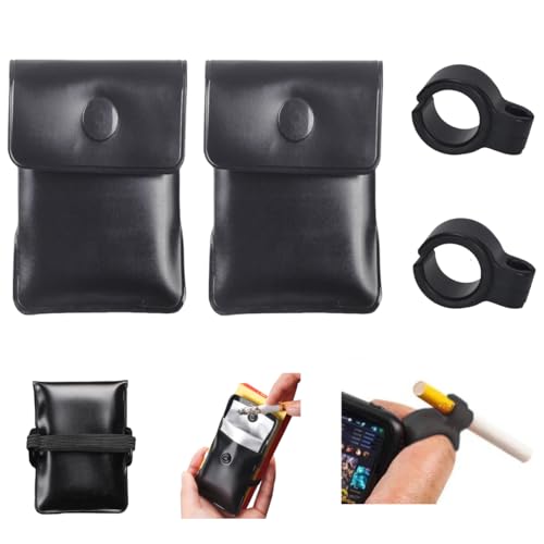 2Pcs Pocket Ashtray Pouch and 2Pcs Silicone Cigarette Holder Set, Fireproof Foil Ash Pouch Hang Cigarette Case Portable Odor free, Adjustable Finger Rings holder Clip for Gaming Or Office Use