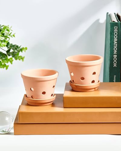 vensovo Terracotta Orchid Pots with Holes and Saucers - Clay Orchid Planter Pots for Repotting, Plant Flower Pots for Orchid Indoor and Outdoor Promotes Air Circulation - Thumbnail 3