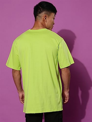 Image of Veirdo Cotton Black & Limeade Oversized Fit Half Sleeve Crew-Neck Floral Printed Longline T-Shirt for Men