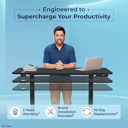 Image of The Sleep Company AeroFlip Adjustable Desk | SmartFlip Ergonomic Tabletop | Height Adjustable 72-120 cm | Wireless Charging | Temperature Controlled Drink Tray |1200 mm | Black & Black