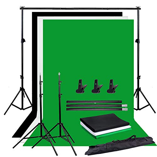 YISITONG Kit de Support de Fond réglable Studio de Photographie Portable pour la Photographie - 3m x 1.6m Noir Blanc et Vert Fonds de Photographie + 3 Pinces + Sac de Transport Gratuit Cover