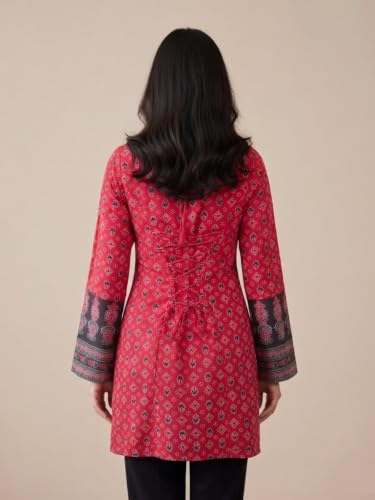 Image of GRECIILOOKS Short Kurti for Women - Printed Modern Tunic Top | Long Ethnic Wester Tops for Woman| Full Sleeve Indo Western Tunic | Comfortable Rich Kurti Tops for Office and Casual