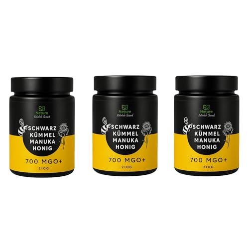 EB Nature Schwarzkümmel & Manuka-Honig 700+ MGO – Reiner Honig mit Nigella-Sativa-Samen – Natürliche Mischung aus Neuseeland & Äthiopien – Premium-Cremige Textur ohne Zusatzstoffe, 210 g (3er Pack)