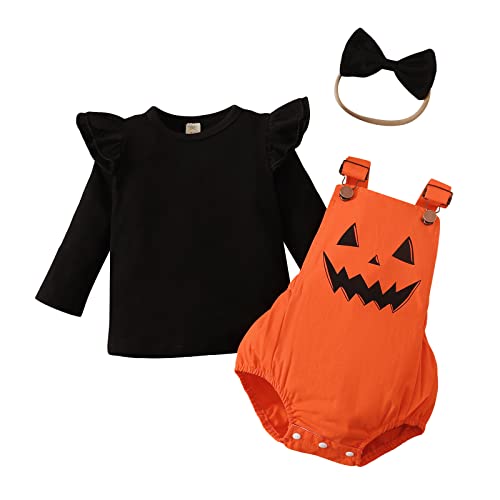 Newborn Girl Halloween Outfits Long Sleeve Solid Sweatshirt Tops Bib Overalls Ghost Jumpsuits Bow Headband Baby Fall Clothes