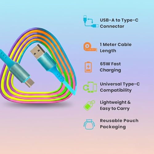 Image of SRUJAN Ultra-Fast Charging Cable USB to Type C | Rainbow Braided PD Fast Charging Cable for Smartphones, Tablets & Laptops | High-Speed Data Cable