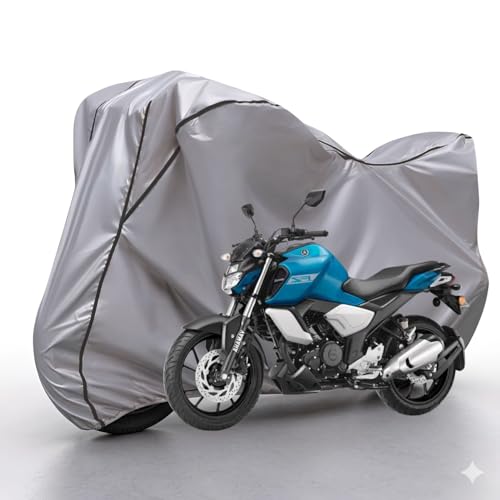 Image of Waterproof Bike Body Cover Compatible with Yamaha Fz Dustproof Scratchproof - Motorcycle Cover for Two Wheeler, Outdoor Full Cover with UV, Duty, Rain Protection (Silver & Black)