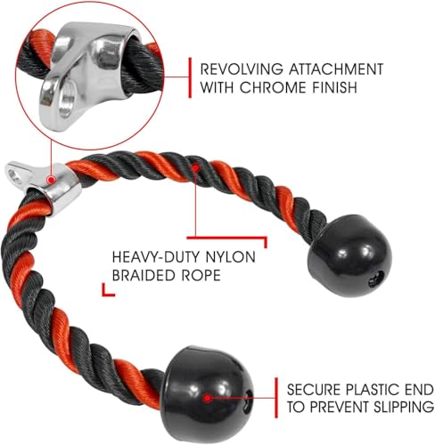 Image of Yes4All Deluxe 27 inch Red & Black Tricep Rope with Carabiner, Exercise Machine Attachments, Pulley System Pull Down Rope, LAT Cable Attachment for Row Machine & Cable Machine