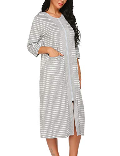 Ekouaer Women Zipper Robe Half Sleeve Loungewear Full Length Nightgown Duster Housecoat With Pockets S-Xxl #TOP2