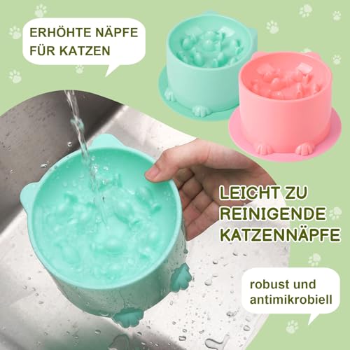 2Stück Anti Schling Napf Katze Erhöht, Antischlingnapf Mit Anti Rutsch Matte für Katzen und Kleine Hunde, Slow Feeder für Nassfutter