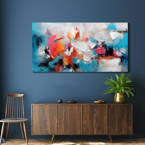 Image of Large bstract Wall Art Canvas Wall Art for Living Room Hand-Painted Art in Blue and Pink Office Wall Decor Paintings for Wall Decorations Modern Wall Decor for Bedrooms and dining Room 29x58in