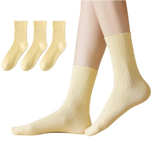 DONBIQI Light Yellow Socks for Women Soft Combed Cotton Socks (US Numeric 5 9 Regular Regular Light Yellow_3 pairs)