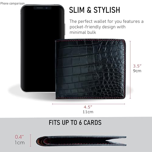 Image of HATA Black Red Bifold Wallet for Men, Exotic Billfold with Mixed Leather Interior, RFID Blocking Card Holder, Handmade Gift for Birthday, Anniversary, Father's Day VIMIX-12