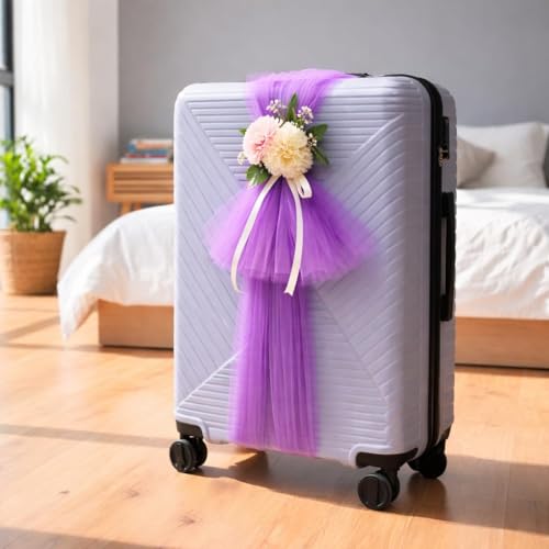 Image of SATYAM KRAFT 4 Pcs Adjustable Suitcase Net Band Reusable Ready-to-Use with Artificial Flower Bunch Trolley Bag Decoration, Suitcase & Wedding Decor, Gifting, Crafting, Wrapping, DIY Craft (Pack of 4) (Purple)