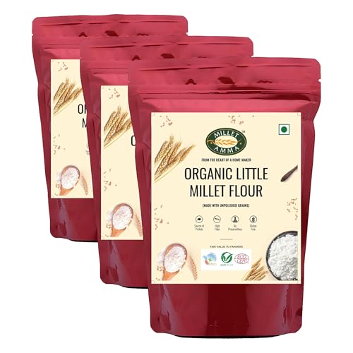 Image of Millet Amma CERTIFIED ORGANIC Little Millet Flour | 1 Kg Pack | Made with Unpolished Millet | Suitable for Multiple Millet Recipes (Poori, Dosa) | High Protein, Gluten Free (Pack of 3)