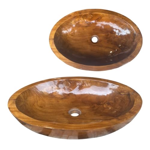 Lendo Online Lavabo en teck ovale 30x25 / 40x30 / 60x40 cm – Vasque à poser en bois pour salle de bain ou WC – Surface lisse – Produit naturel – Vasque décorative en bois massif (60x40cm)