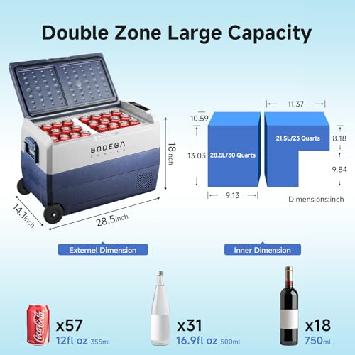 Image of BODEGACOOLER 12 Volt Portable Refrigerator,53 Quart Car Fridge Freezer Dual Zone APP Control,（50L）-4℉-68℉ RV Car Cooler 12 /24V DC and 100-240V AC for Outdoor,Vehicles,Camping,Travel