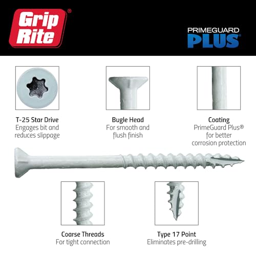 Grip-Rite PrimeGuard Plus Tornillos para Deck Premium para Proyectos al Aire Libre - Cabeza Bugle - Sistema T-25 Estrella - Tornillos para Madera de Rosca Gruesa - 9 x 2-1/2" - Caja con 40 Piezas - Blanco - P212STWH40 miniatura 4