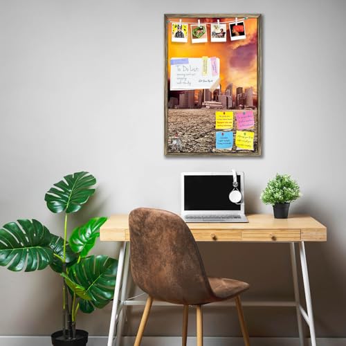 Image of ArtzFolio City Overlooking Desolate Desert | Bulletin Board Notice Pin Board | Vision Soft Board Combo with Thumb Push Pins & Sticky Notes | Antique Golden Frame | 24 x 36 inch (61 x 91 cms)