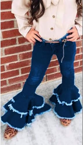 FIOMVA Toddler Baby Girls Flare Pants Solid Denim Ripped Jeans Ruffle Wide Leg Legging Trousers High Waist Bell Bottoms2