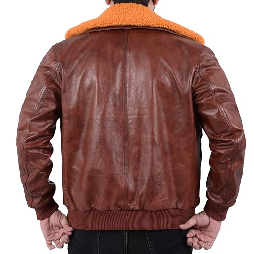 mens Genuine Brown Leather Jacket | Removable faux Fur Collar – Dual Side Pockets | Vintage Classic Biker Bomber Coat2