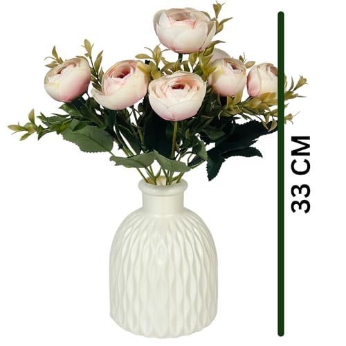 Image of Dekorly Faux Silk,Plastic Artificial Peony Flowers Bunch|White Vase with Flowers Bunch|Artificial Plants for Home Office Hotel Decor|Bedroom Living Room Bathroom Decor (Light Pink,Height : 30CM)