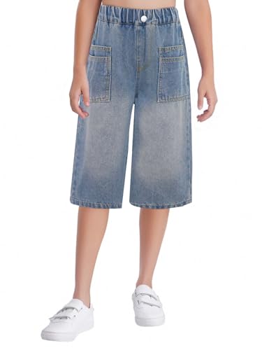 Kids Girls Wide Leg Cropped Denim Pants High Waist Pull On Baggy Jean with Patch Pockets