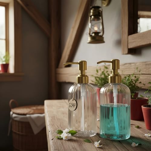 Image of JASAI 2PACK 18Oz Fluted Glass Soap Dispenser with Golden Rust Proof Pump