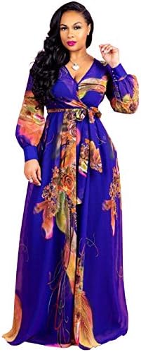 Womens Maxi Dress Boho Chiffon Floral Printed V-Neck Long Dresses (S-5XL)