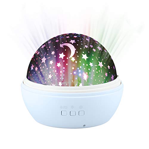 Lámpara de Estrellas para Niños con Domo Giratorio Intercambiable (Estrellas y Océano), Luces LED de Colores, 8 Modos de Iluminación, Funciona con Baterías o Cable USB, Luz de Noche. Azul