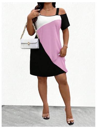 Image of SOLY HUX Women's Plus Size Dress Cold Shoulder Color Block Short Sleeve T Shirt Dress Casual Summer Dresses