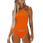 Qianderer Two Piece Tankini Set Tummy Control Swimsuit for Women Halter Neck Tankini Top with Bikini Bottom Bathing Suits Ruched Beachwear (Ba Orange, M)