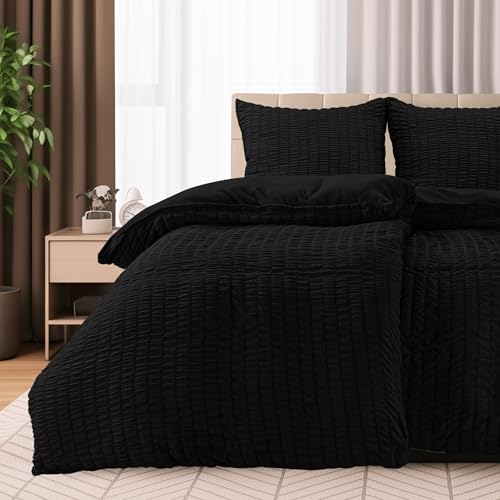 Utopia Bedding Seersucker Bettwäsche 135x200 4teilig - Mikrofaser Polyester 2 Bettbezug 135x200 cm + 2 Kissenbezug 80x80 cm – Schwarz