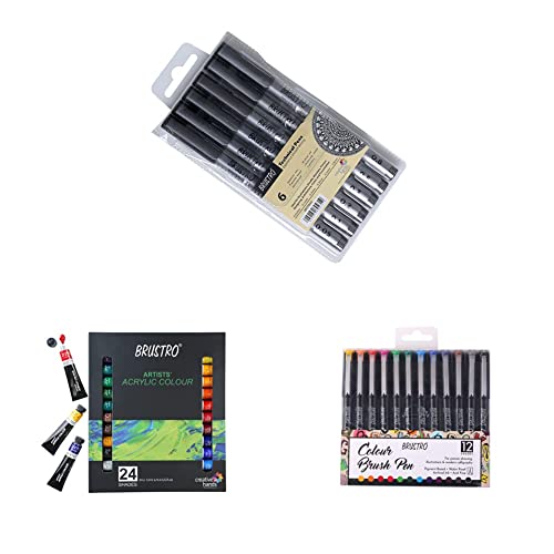 Image of BRUSTRO Technical Pen (Pack of 6) & Acrylic Paint Set of 24, 12ml Tubes, multicolor & Colour Brush Pens Set of 12