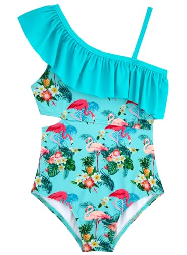 Image of Alakuoti Girls One Piece Swimsuits Cutout Ruffle Bathing Suit Quick Dry Beach Swimwear with Adjustable Strap 5-14 Years