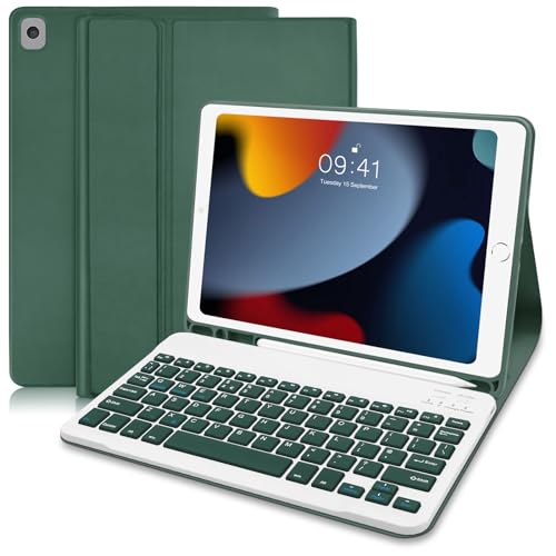 iPad 10.2 Keyboard Case for iPad 9th Generation (2021)/8th Gen(2020)/ 7th Gen(2019), Protective Case with Pencil Holder and Detachable Wireless Keyboard (UK Layout) for ipad Air 3/ipad Pro 10.5, Green